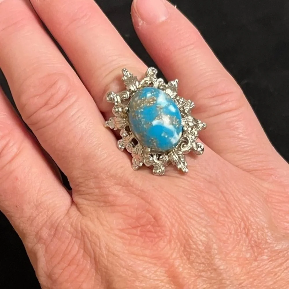 Costume Turquoise Silver Statement Ring Adjustable Size